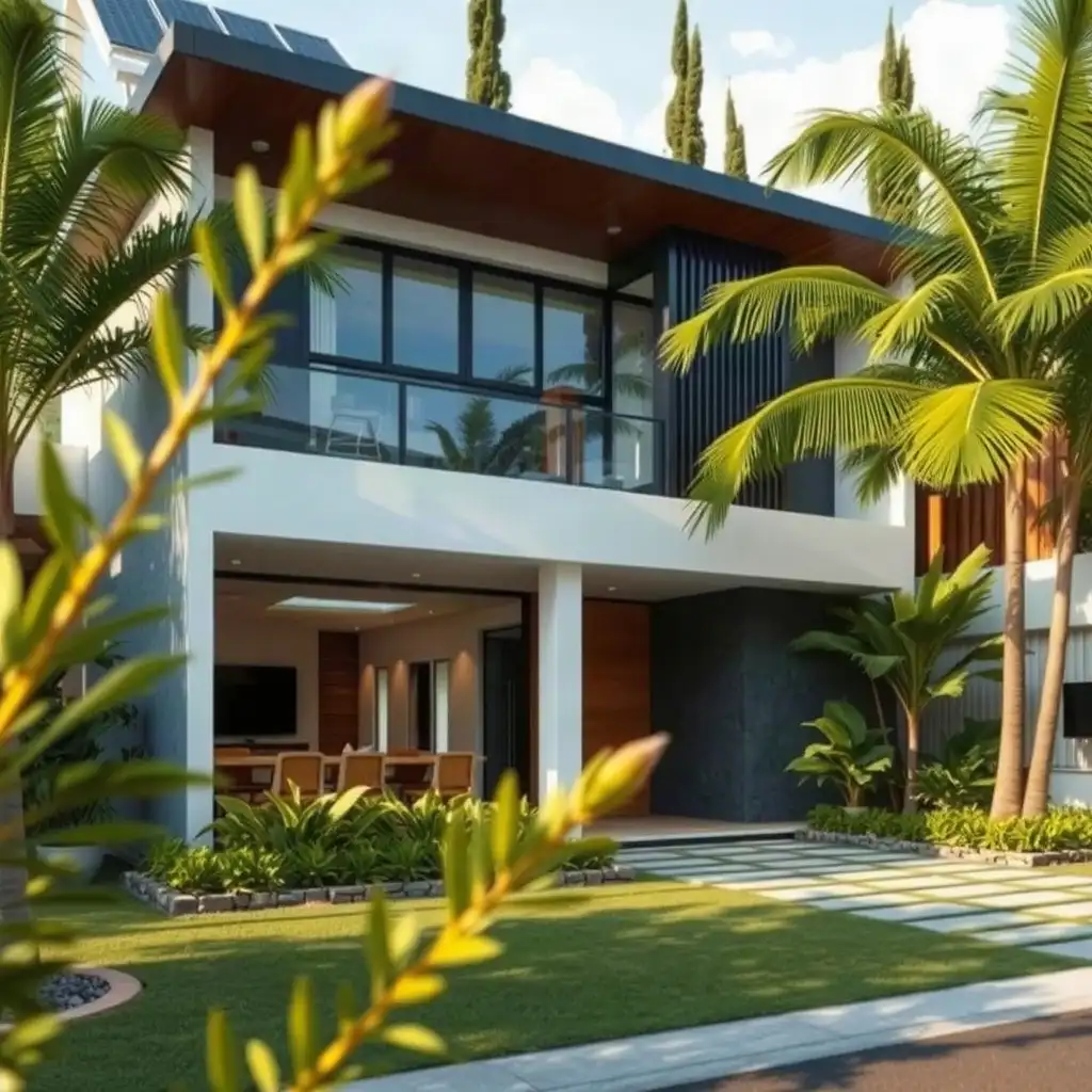Modern energy-efficient home in Puchong, Malaysia, featuring sleek architecture, lush landscaping, and solar panels.