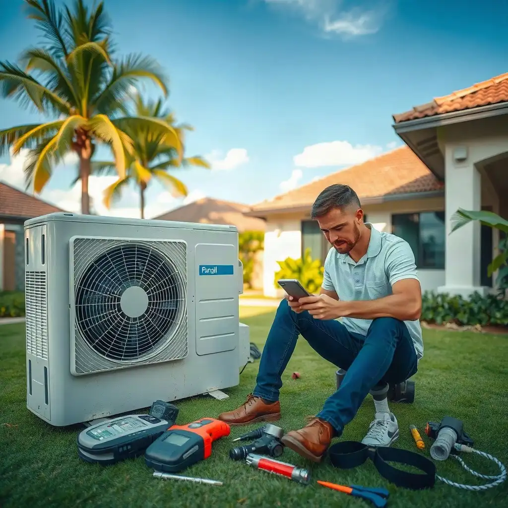 A technician inspecting a residential air conditioning unit in a suburban backyard, surrounded by tools and a well-kept garden.