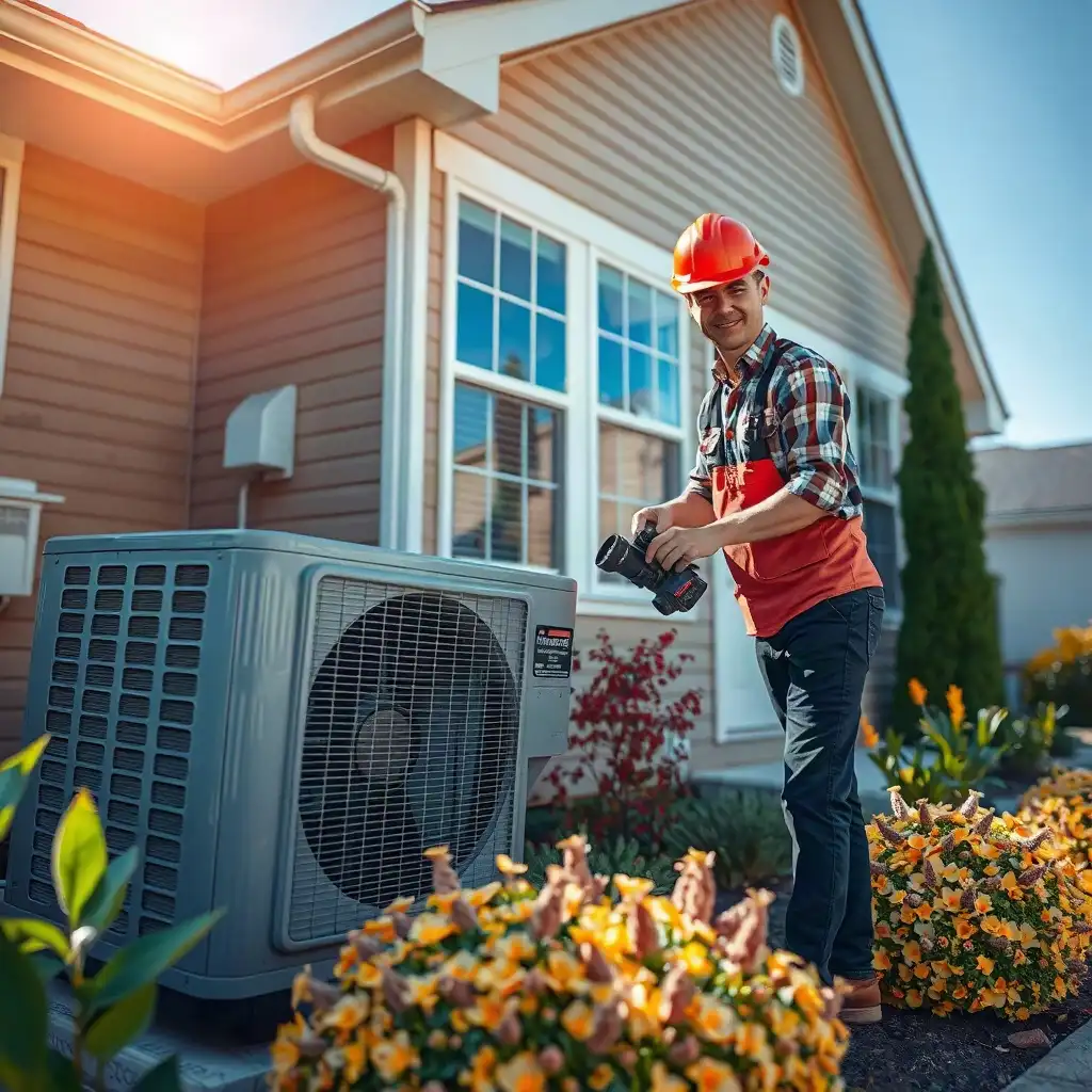 A technician performing maintenance on a modern air conditioning unit outside a well-maintained home, surrounded by vibrant landscaping.