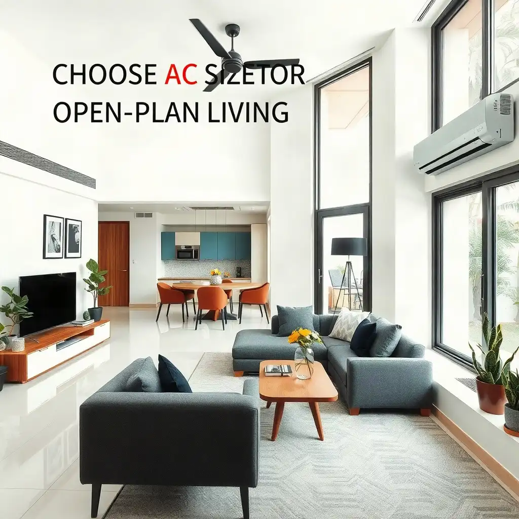 Modern open-plan living space in Puchong featuring stylish furnishings, large windows, and greenery, with integrated air conditioning units.
