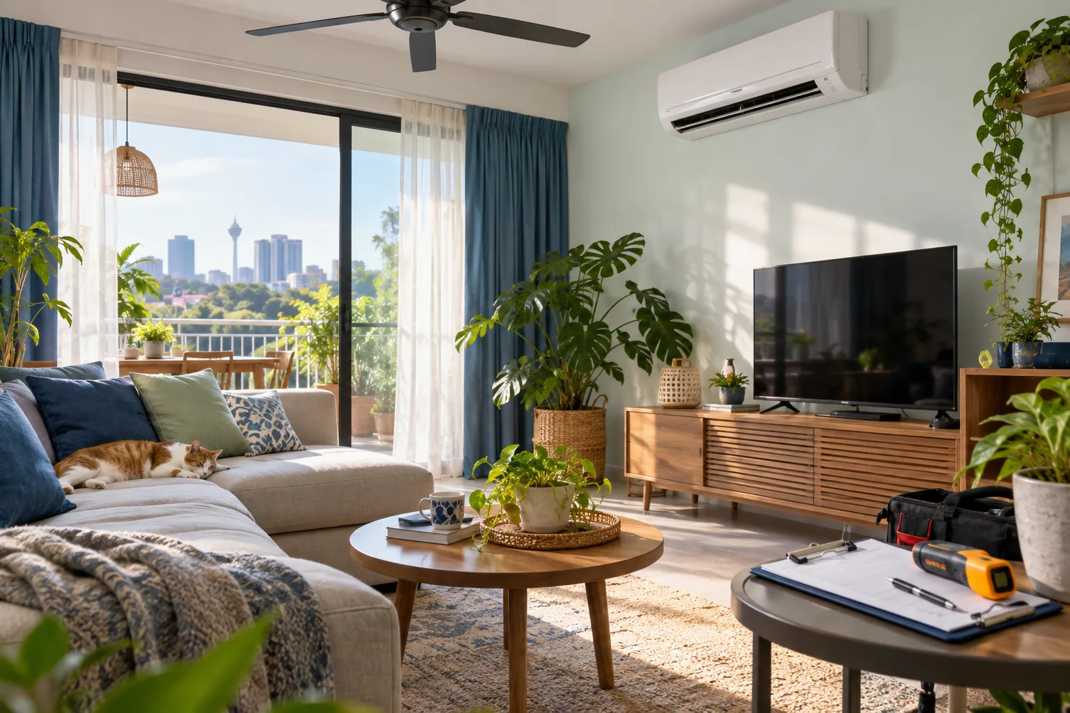living room with wall-mounted air conditioner and sofa with cat in puchong