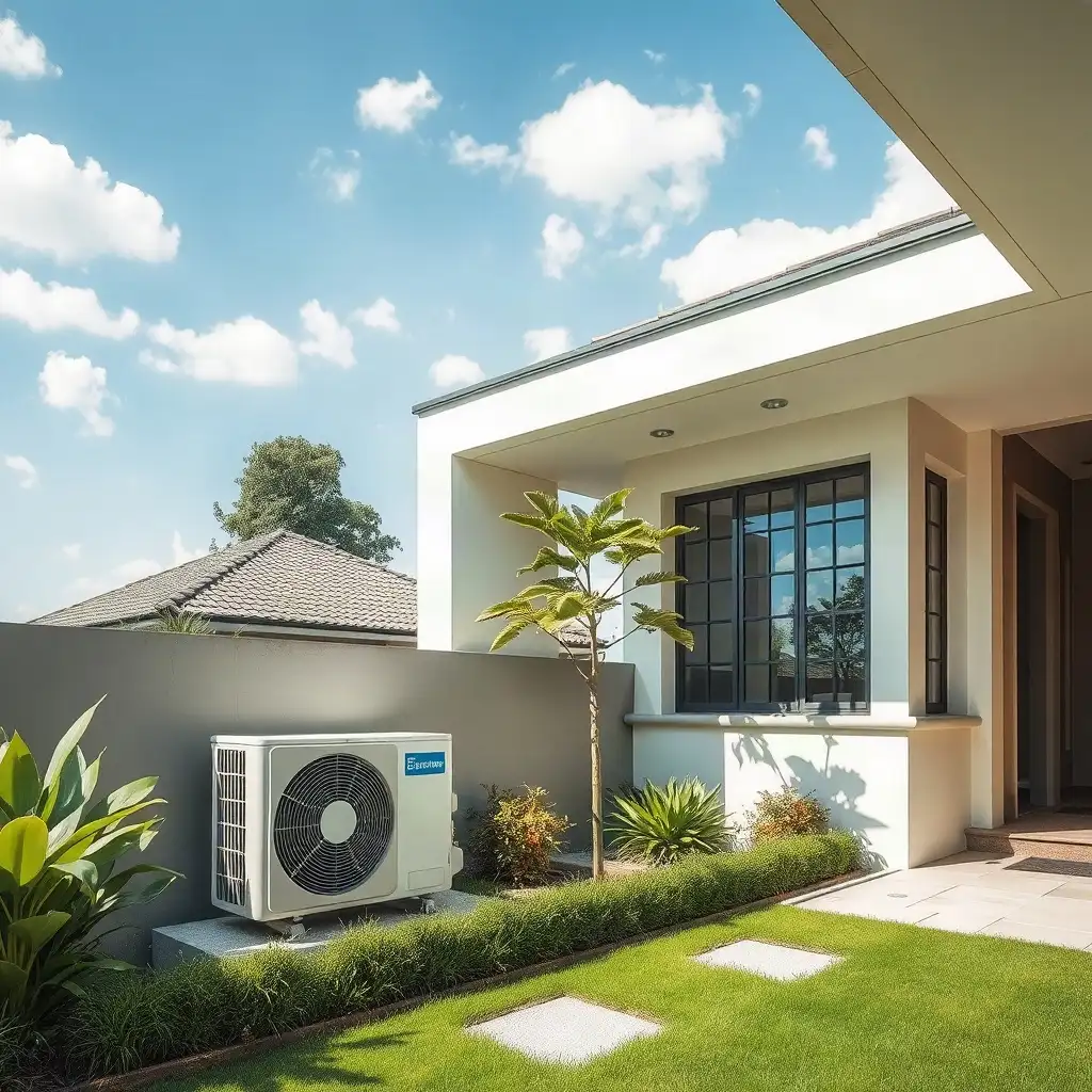 Modern energy-efficient home with a well-maintained air conditioning unit, surrounded by lush greenery and glimpses of a vibrant neighborhood.