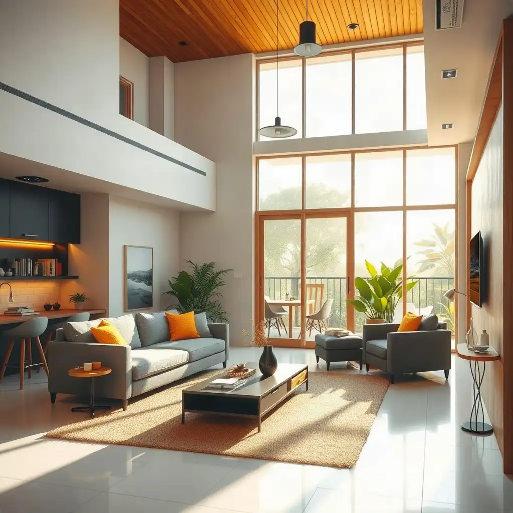 Modern living room interior in Puchong featuring natural light, open windows, and energy-efficient design elements.