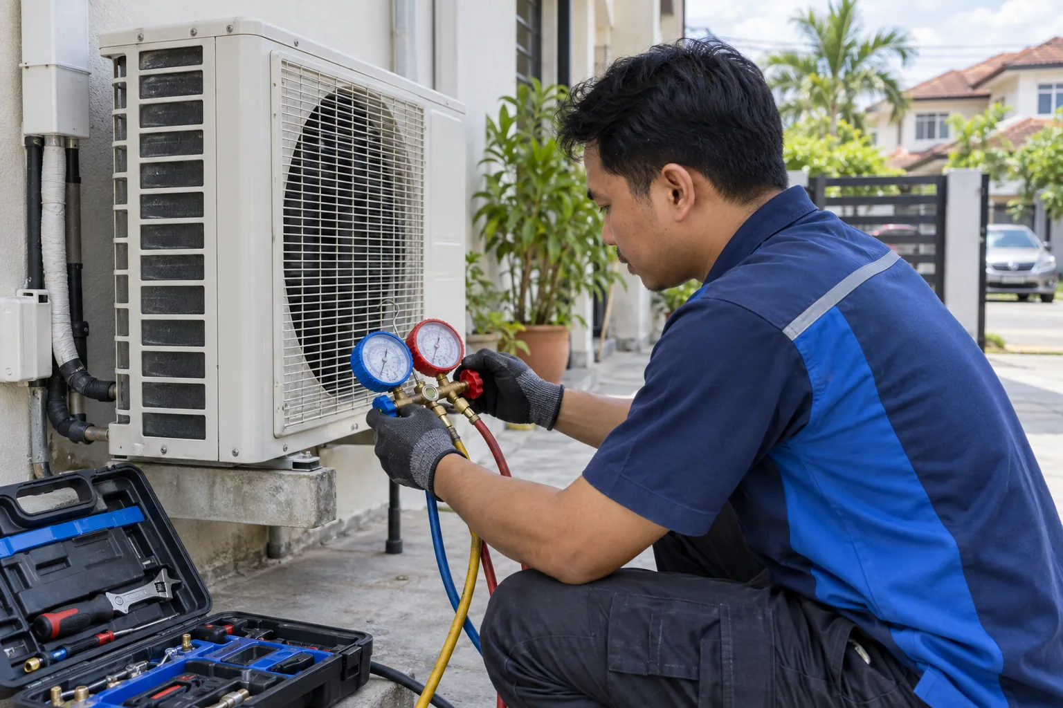 technician wearing blue uniform checking an outdoor air conditioning unit with pressure gauges