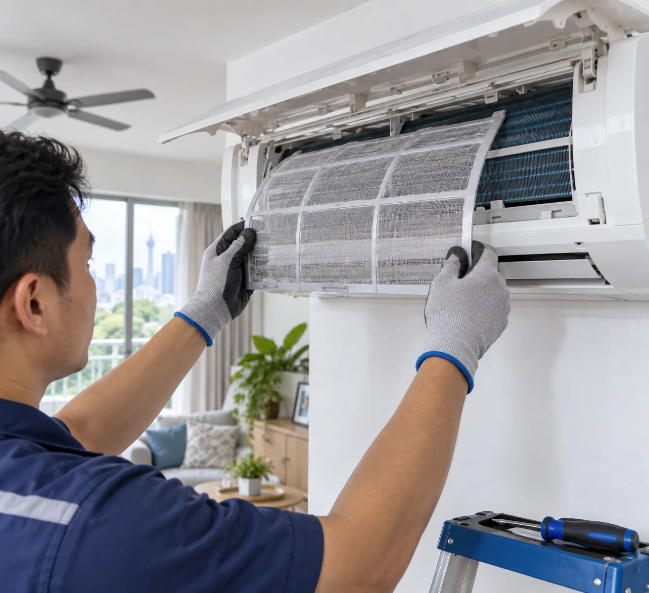technician removing air filter from wall mounted air conditioning unit indoors